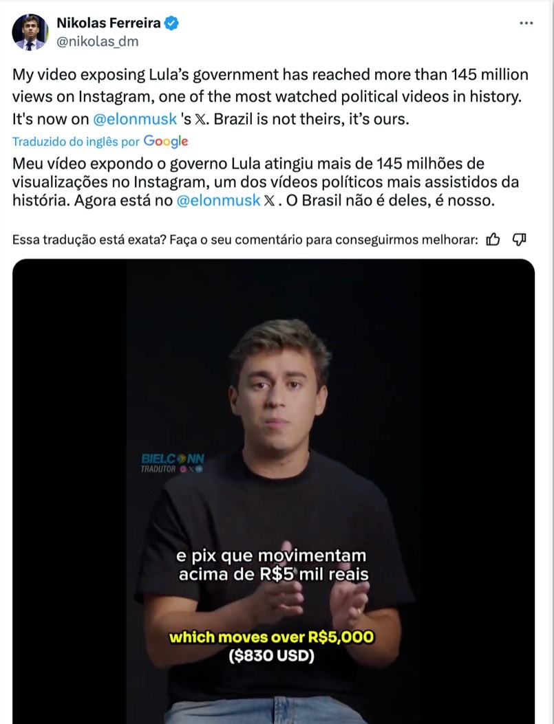 Vídeo de Nikolas sobre Pix passa de 275 milhões de visualizações