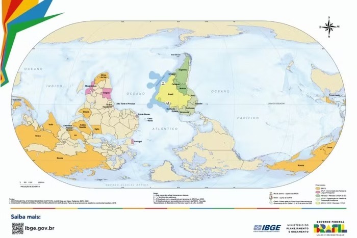 IBGE lança mapa com Brasil ao centro para destacar protagonismo global