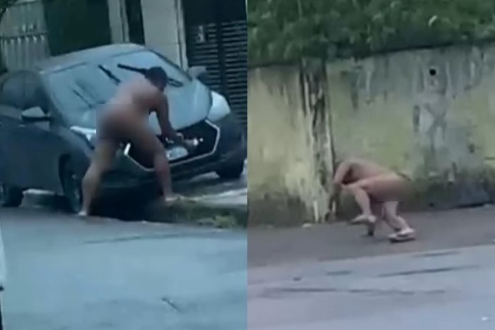 Homem pelado vandaliza placa de carro e caminha perto de escola