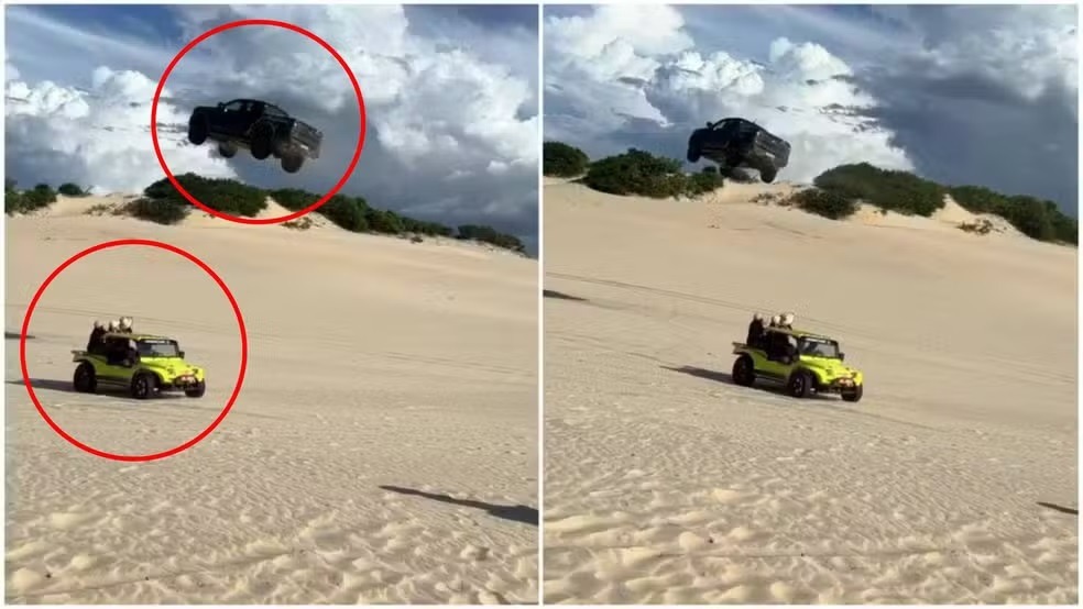 Motorista de caminhonete que 'voou' sobre buggy ficou desmaiado após impacto da 'aterrissagem'