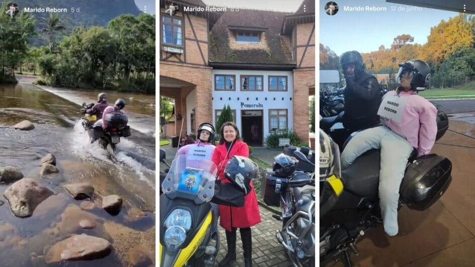 Turista leva “marido reborn” na garupa de moto e provoca risadas nas estradas