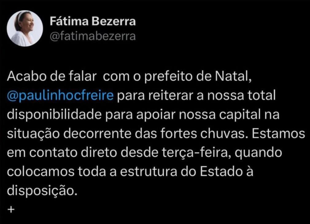 Fátima Bezerra se coloca à disposição de Paulinho Freire para apoiar ações em Natal em decorrência das chuvas