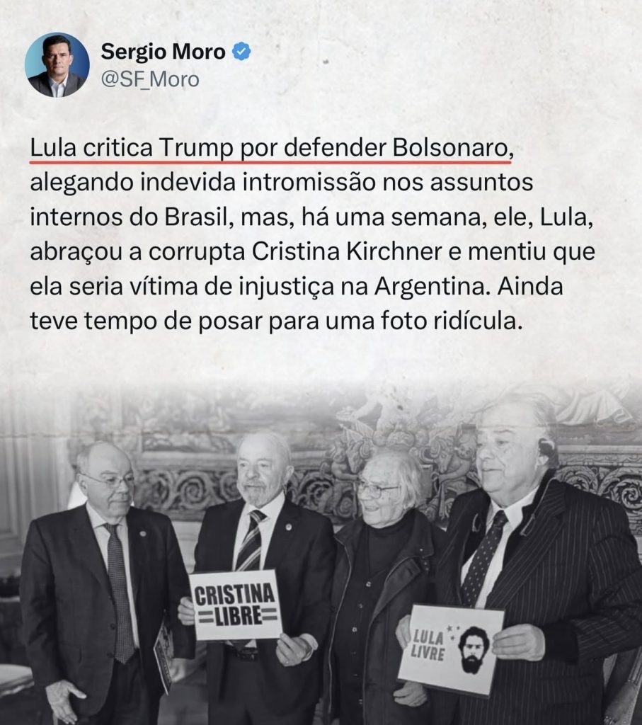 Moro critica Lula por encontro com Cristina Kirchner e aponta incoerência em fala sobre Trump