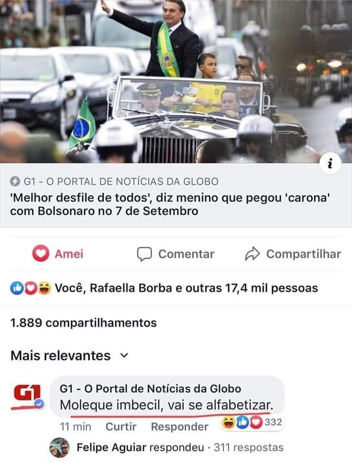 Perfil do G1 chama garoto que desfilou com Bolsonaro de "moleque imbecil"