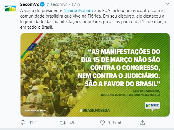 Governo usa conta oficial nas redes sociais para defender ato de domingo