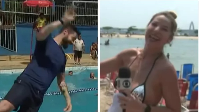 Repórter do Encontro usa biquíni de fita em reportagem sobre calor